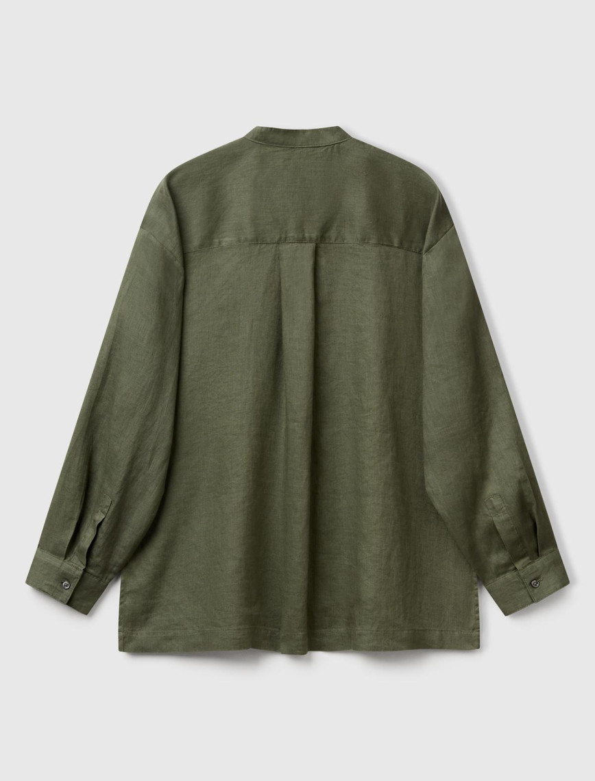 Kadın Haki %100 Keten Sol Önü Cepli Oversize Mandarin Yaka Gömlek Kadın Haki %100 Keten Sol Önü Cepli Oversize Mandarin Yaka Gömlek