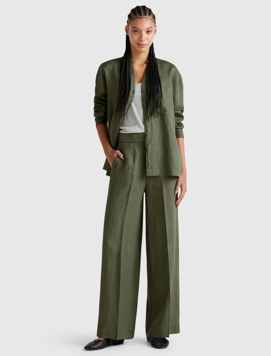 Kadın Haki %100 Keten Sol Önü Cepli Oversize Mandarin Yaka Gömlek Kadın Haki %100 Keten Sol Önü Cepli Oversize Mandarin Yaka Gömlek