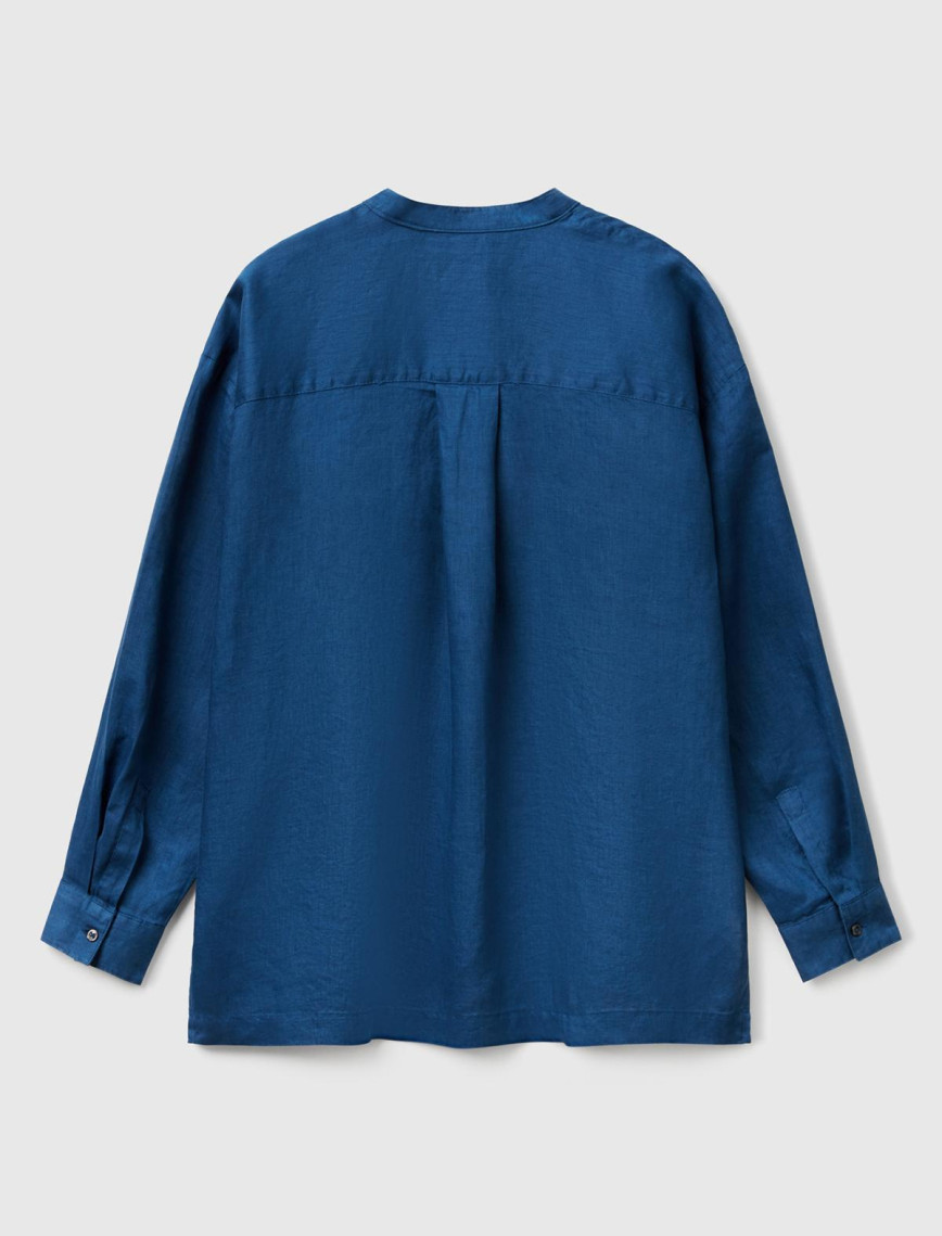 Kadın Denim %100 Keten Sol Önü Cepli Oversize Mandarin Yaka Gömlek Kadın Denim %100 Keten Sol Önü Cepli Oversize Mandarin Yaka Gömlek