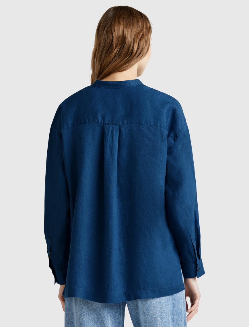 Kadın Denim %100 Keten Sol Önü Cepli Oversize Mandarin Yaka Gömlek Kadın Denim %100 Keten Sol Önü Cepli Oversize Mandarin Yaka Gömlek