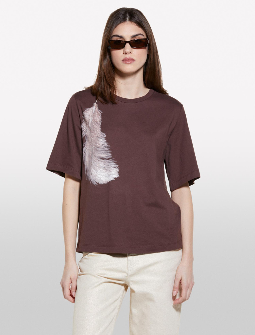 Kadın Koyu kahverengi %100 Pamuk Baskılı Bisiklet Yaka Regular Fit T-Shirt