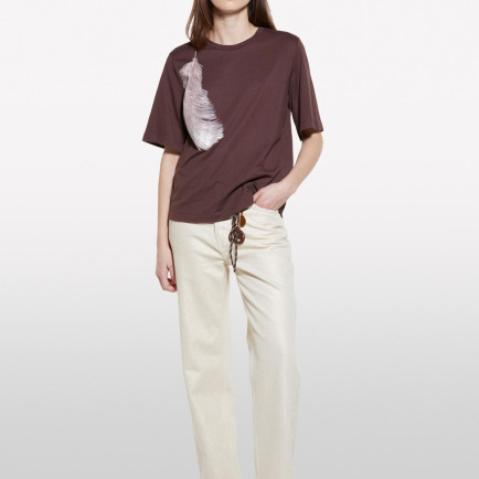 Kadın Koyu kahverengi %100 Pamuk Baskılı Bisiklet Yaka Regular Fit T-Shirt Kadın Koyu kahverengi %100 Pamuk Baskılı Bisiklet Yaka Regular Fit T-Shirt