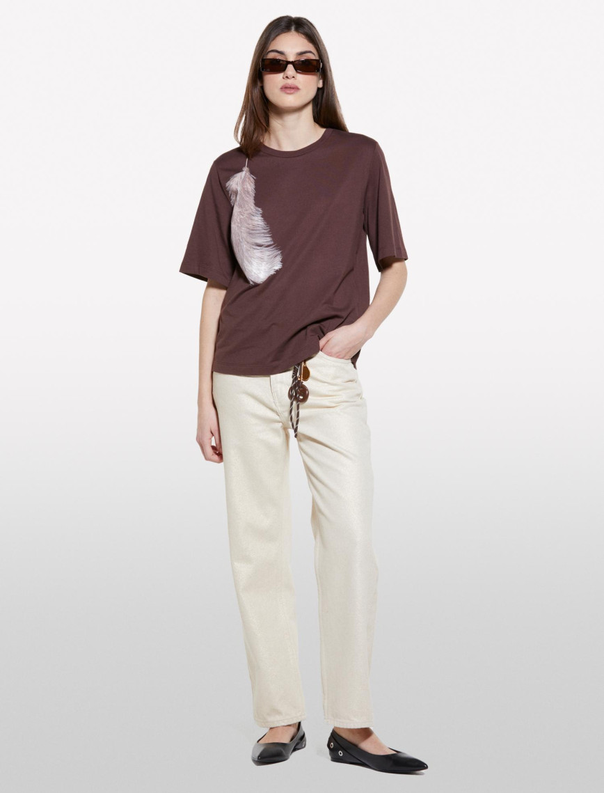 Kadın Gri %100 Pamuk Baskılı Bisiklet Yaka Regular Fit T-Shirt