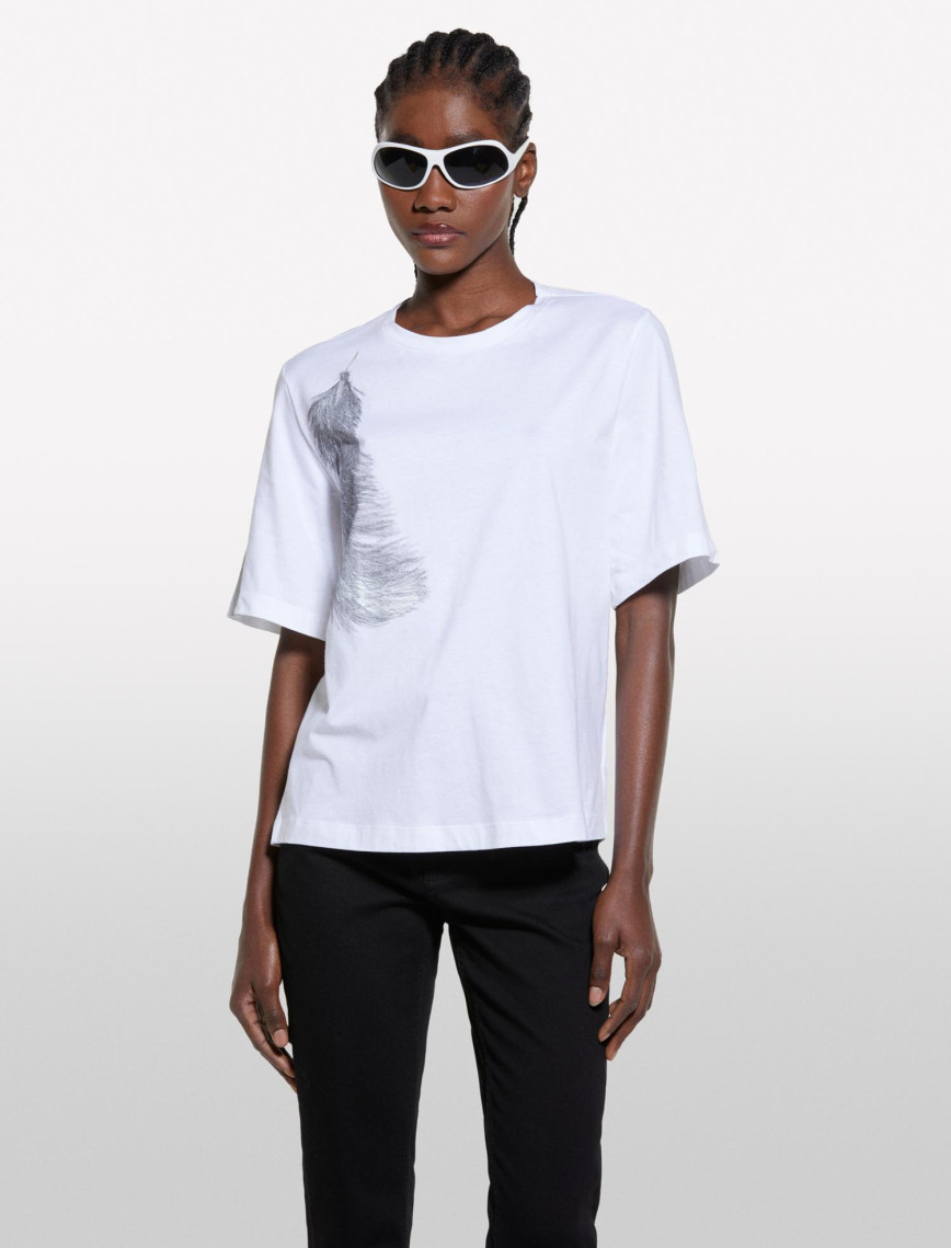 Kadın Beyaz Mix %100 Pamuk Baskılı Bisiklet Yaka Regular Fit T-Shirt