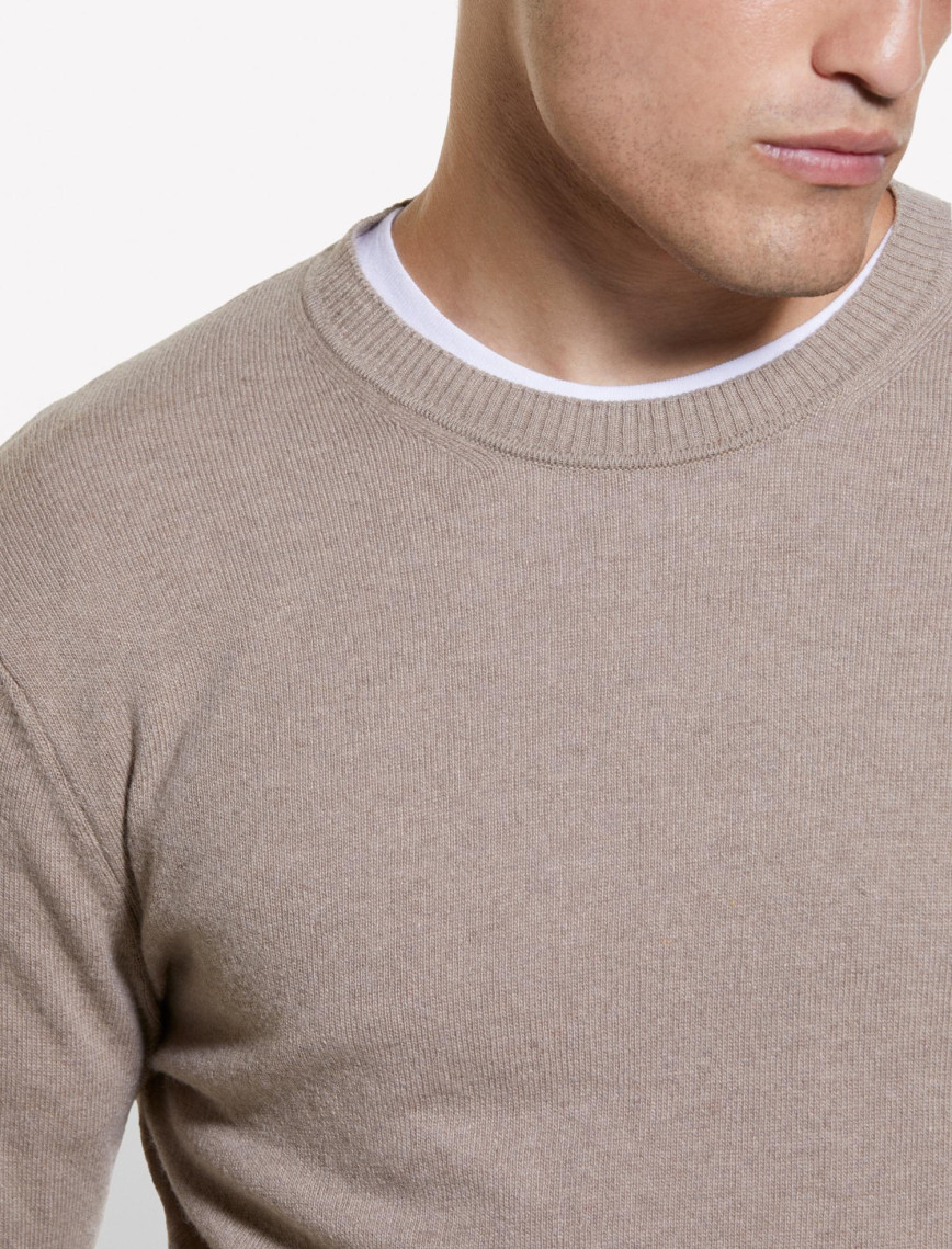 Erkek Bej Melanj Kaşmir Karışımlı Bisiklet Yaka Kazak