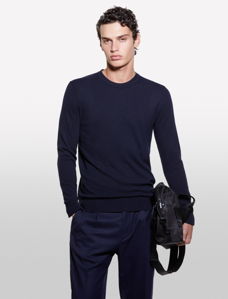 Erkek Lacivert Kaşmir Karışımlı Bisiklet Yaka Kazak