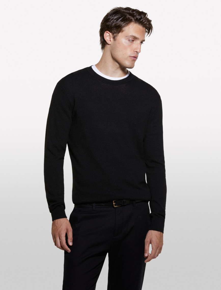 Erkek Siyah Kaşmir Karışımlı Bisiklet Yaka Kazak