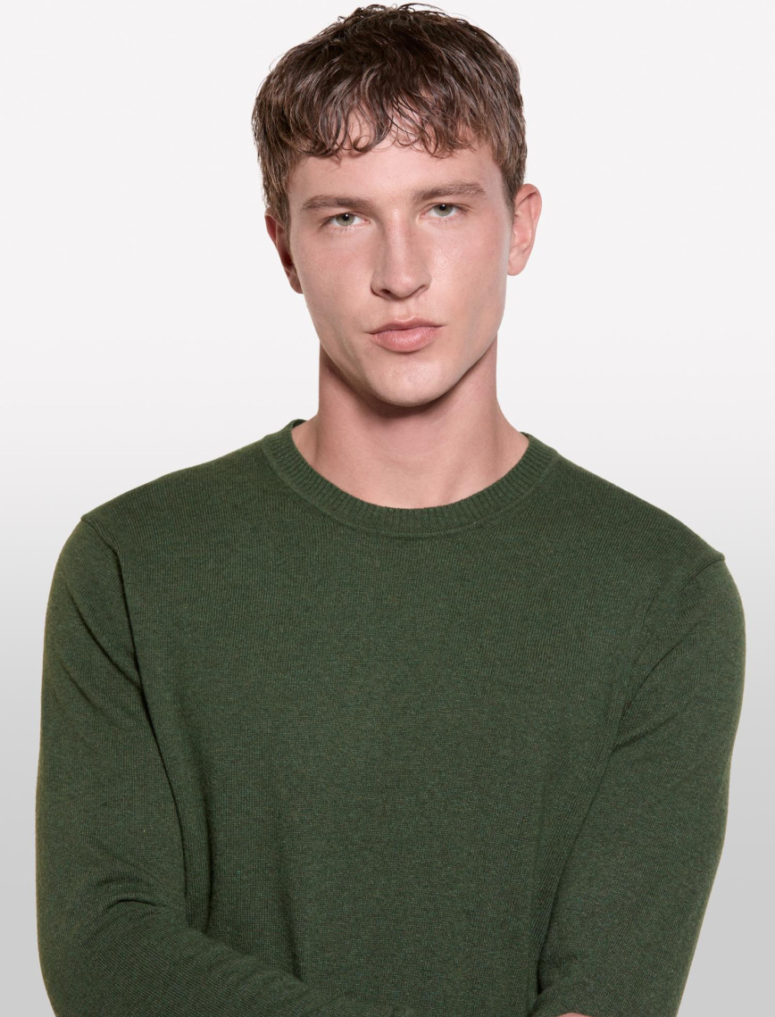 Erkek Koyu Yeşil Kaşmir Karışımlı Bisiklet Yaka Kazak