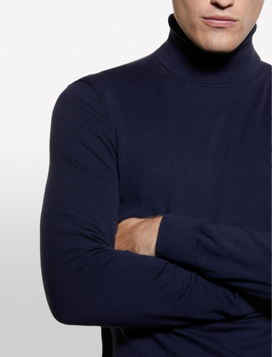 Erkek Lacivert Koton Karışımlı Dik Yaka Kazak