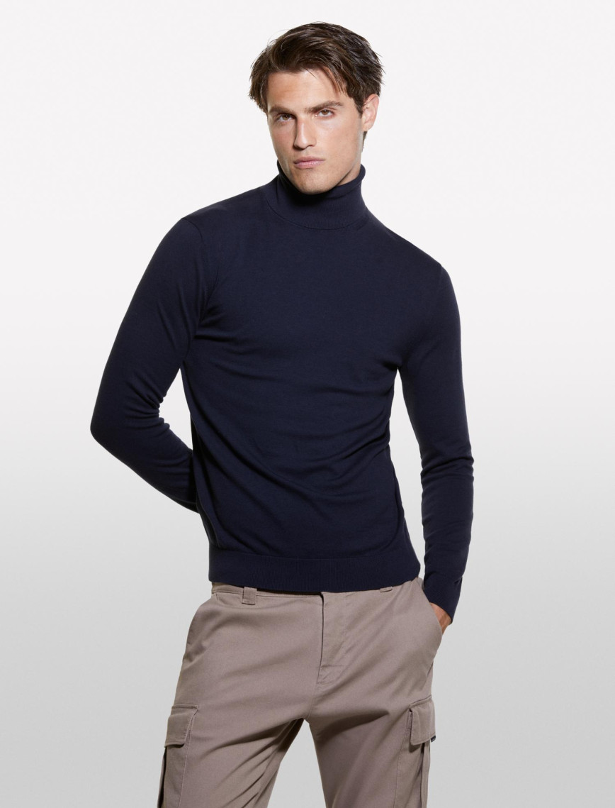 Erkek Lacivert Koton Karışımlı Dik Yaka Kazak