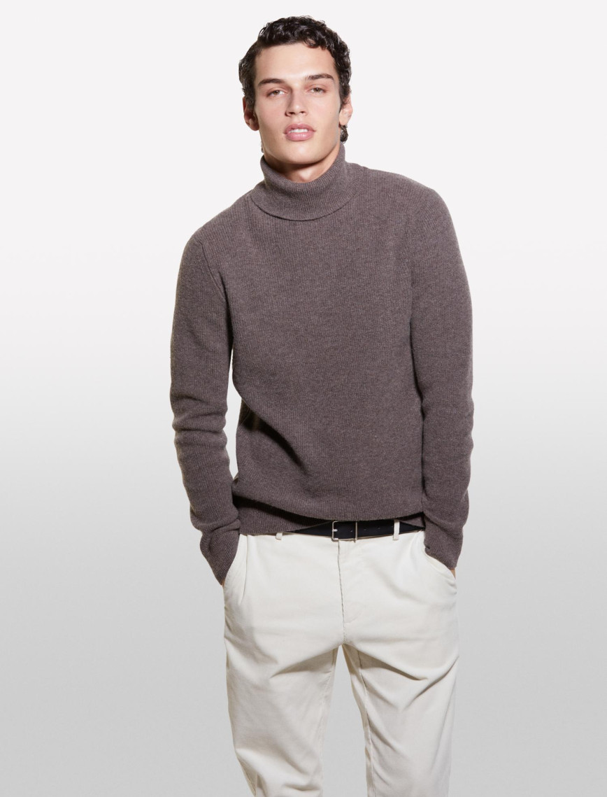 Erkek Kahverengi Yün Karışımlı Dik Yaka Kazak Erkek Kahverengi Yün Karışımlı Dik Yaka Kazak