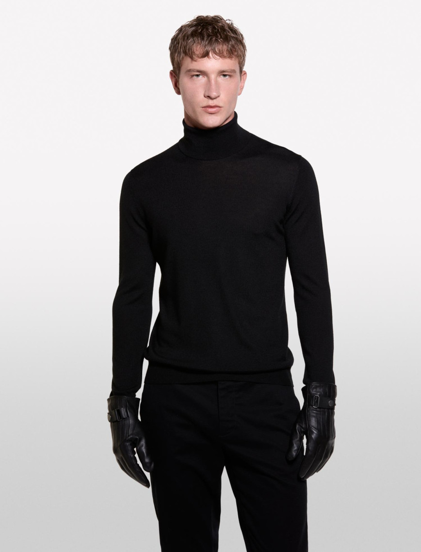 Erkek Siyah Yün Karışımlı Slim Fit Kazak