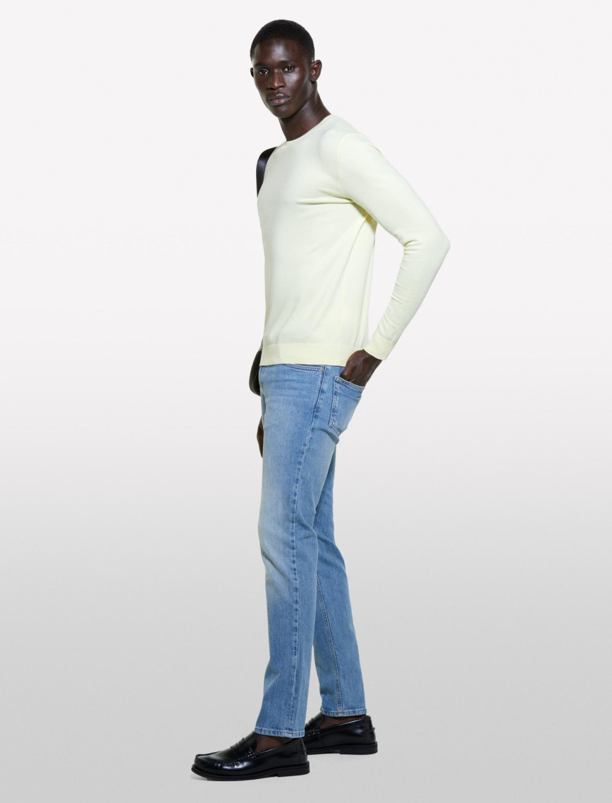 Erkek Açık Sarı Pamuk Karışımlı Normal Kesim Uzun Kollu Ribanalı Kazak