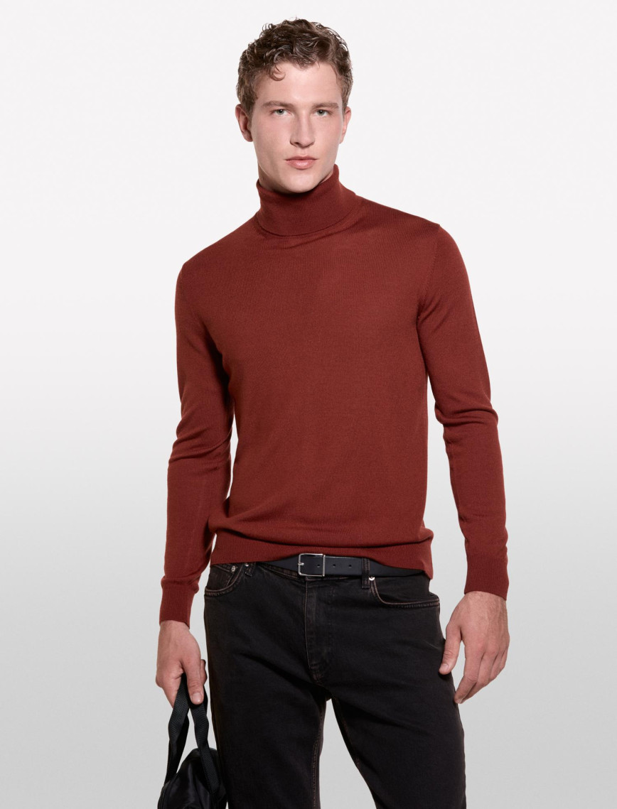 Erkek Bordo Yün Karışımlı Slim Fit Kazak