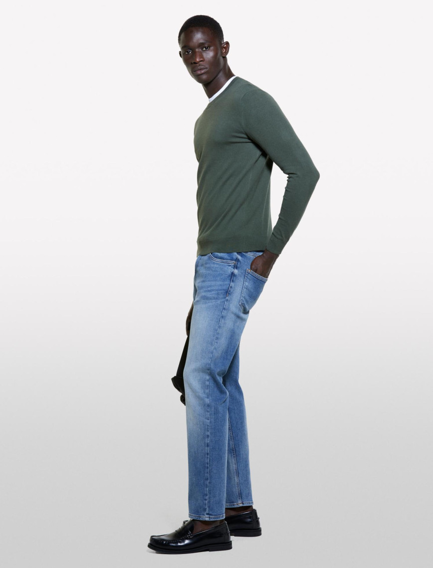 Erkek Koyu Yeşil Pamuk Karışımlı Normal Kesim Uzun Kollu Ribanalı Kazak