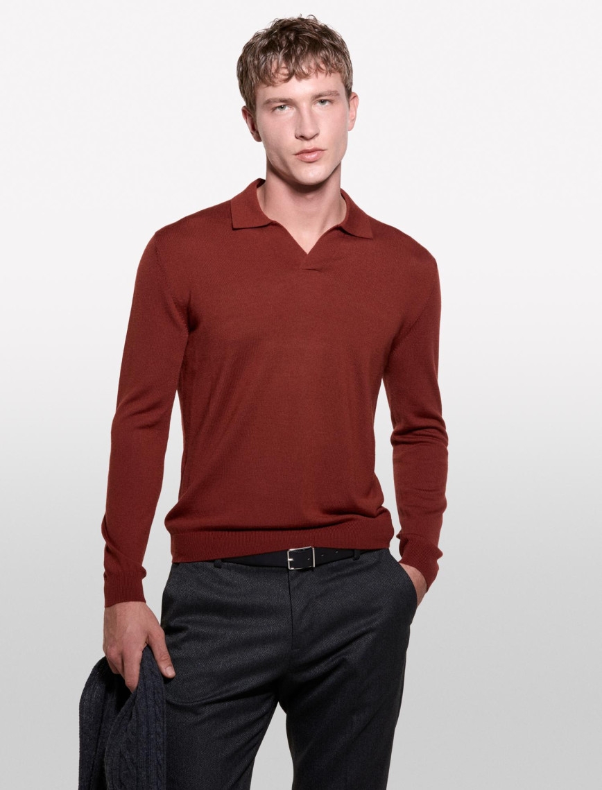 Erkek Bordo Yün Karışımlı Normal Kesim Uzun Kollu Polo Yaka T-Shirt Erkek Bordo Yün Karışımlı Normal Kesim Uzun Kollu Polo Yaka T-Shirt