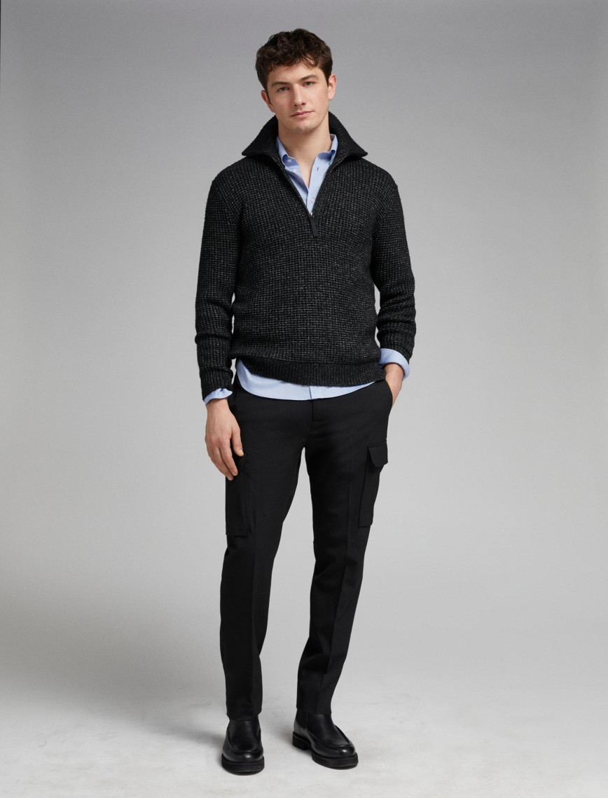 Erkek Siyah Melanj Viskoz Karışımlı Yarım Fermuarlı Yüksek Yaka Waffle Kazak Erkek Siyah Melanj Viskoz Karışımlı Yarım Fermuarlı Yüksek Yaka Waffle Kazak