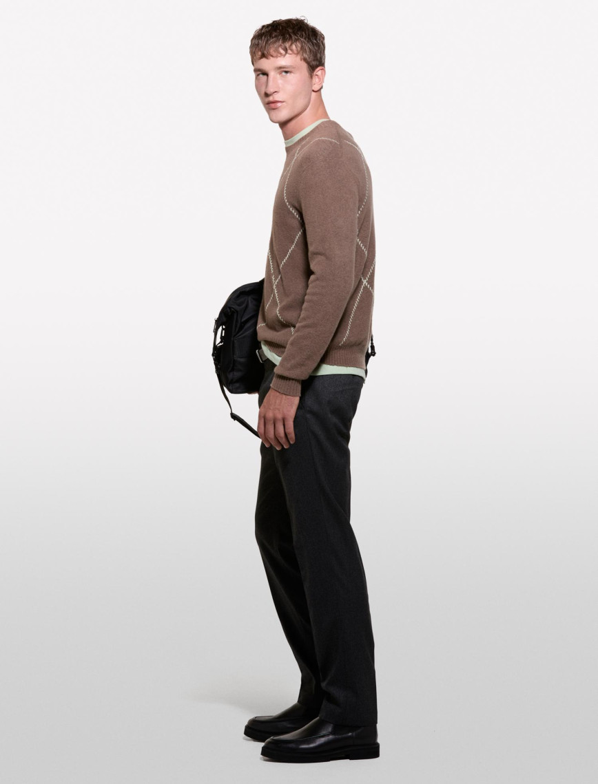 Erkek Vizon Pamuk Karışımlı Geniş Baklava Desenli Bisiklet Yaka Kazak Erkek Vizon Pamuk Karışımlı Geniş Baklava Desenli Bisiklet Yaka Kazak