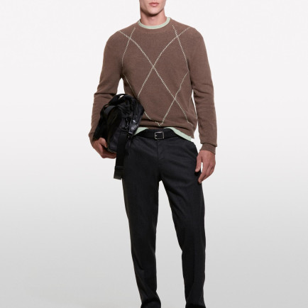 Erkek Vizon Pamuk Karışımlı Geniş Baklava Desenli Bisiklet Yaka Kazak