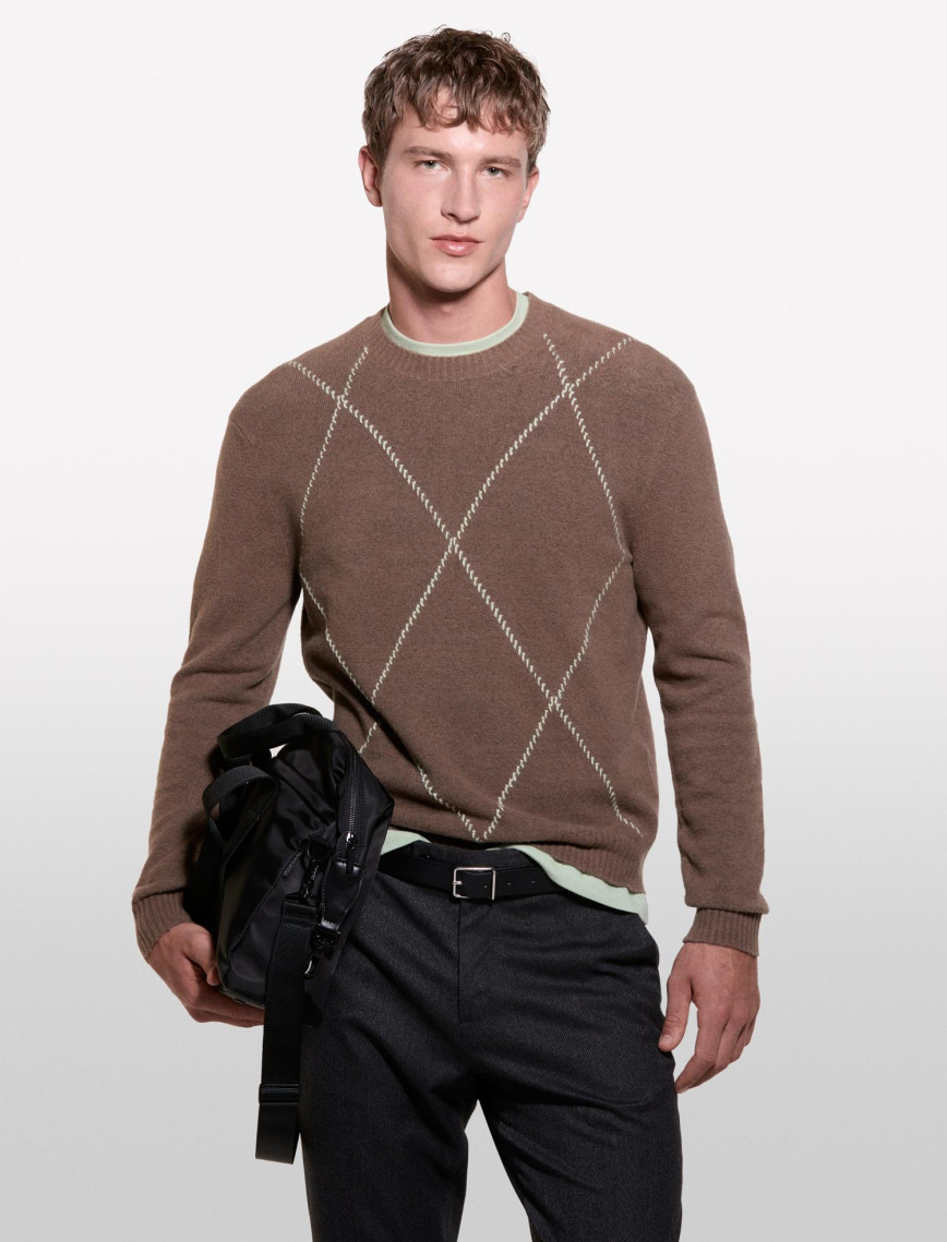 Erkek Vizon Pamuk Karışımlı Geniş Baklava Desenli Bisiklet Yaka Kazak Erkek Vizon Pamuk Karışımlı Geniş Baklava Desenli Bisiklet Yaka Kazak