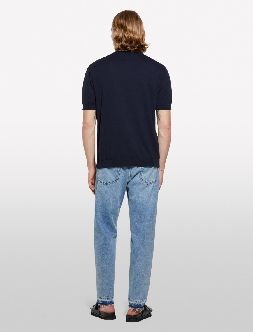 Erkek İndigo %100 Pamuk Ribana Detaylı Kısa Kollu Kazak