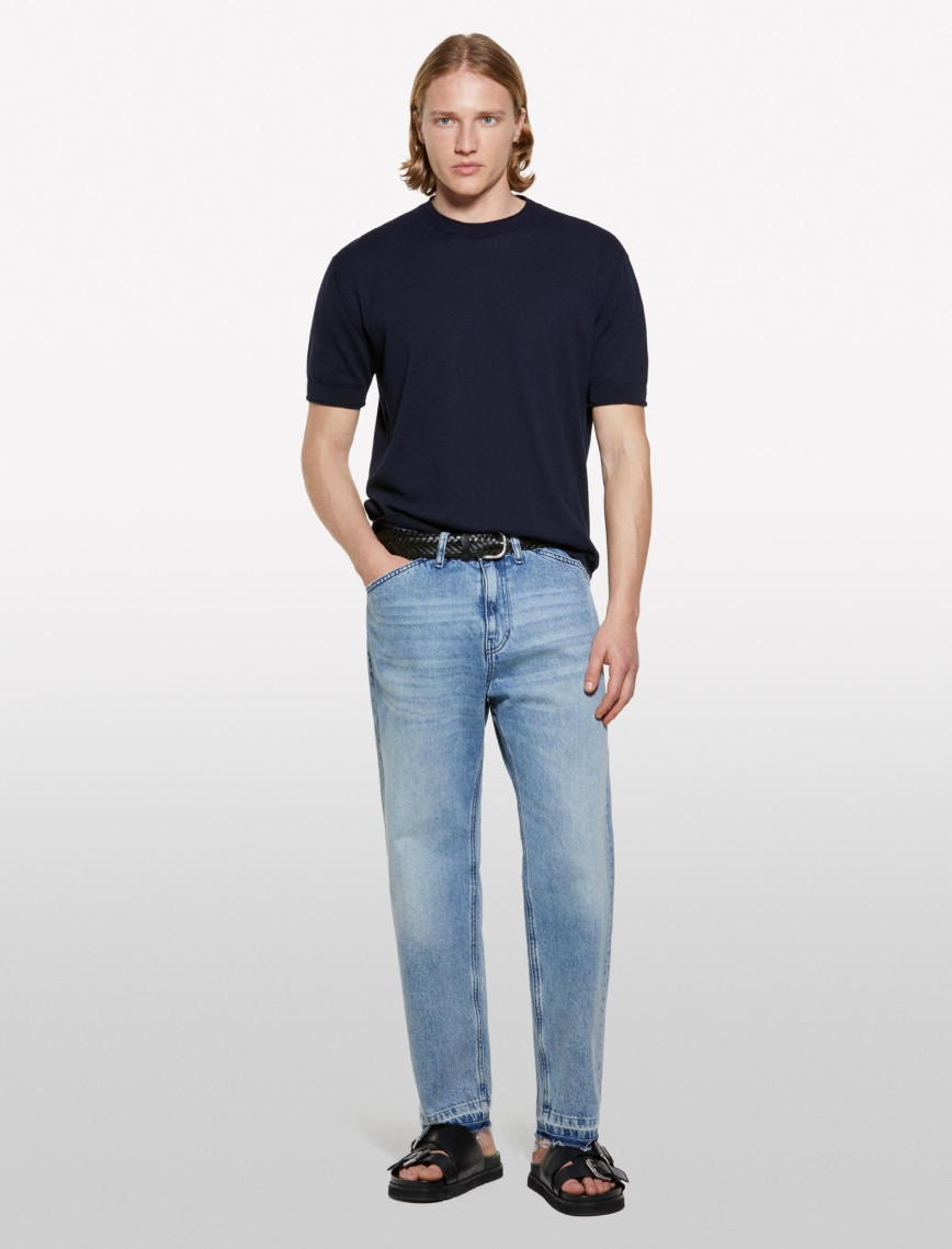 Erkek İndigo %100 Pamuk Ribana Detaylı Kısa Kollu Kazak