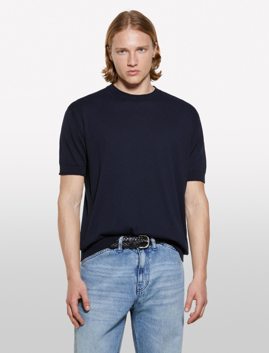 Erkek İndigo %100 Pamuk Ribana Detaylı Kısa Kollu Kazak