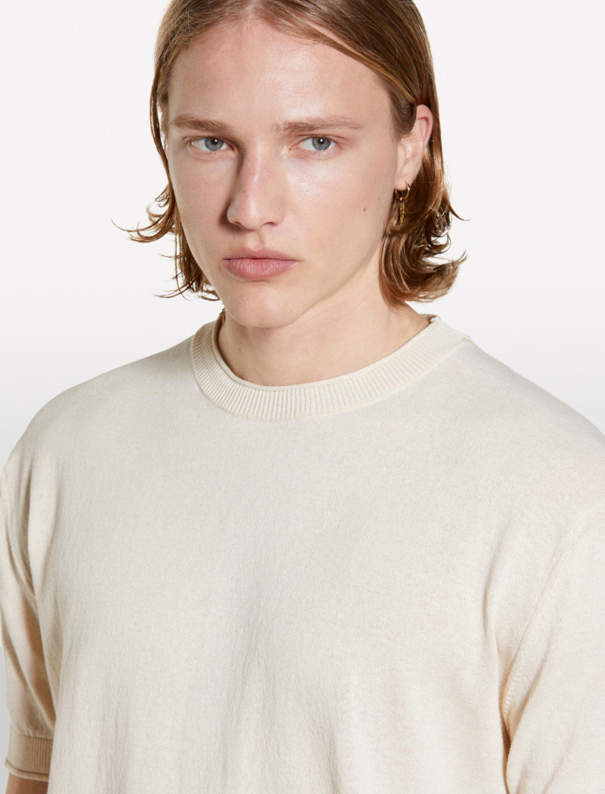 Erkek Açık Sarı %100 Pamuk Ribana Detaylı Kısa Kollu Kazak