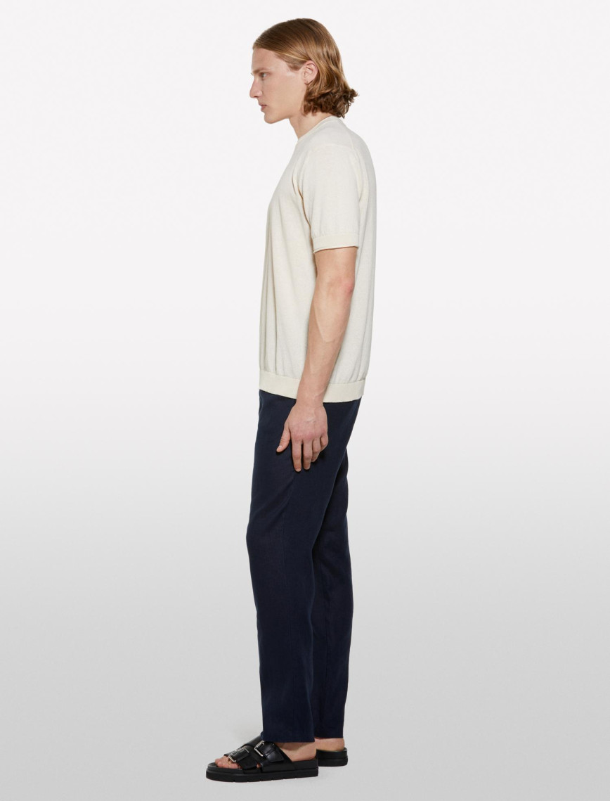 Erkek Açık Sarı %100 Pamuk Ribana Detaylı Kısa Kollu Kazak