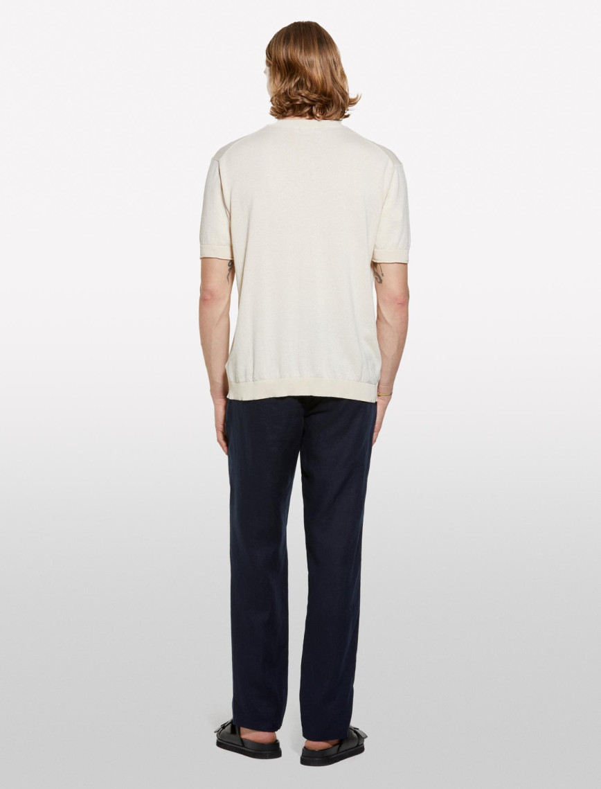 Erkek Açık Sarı %100 Pamuk Ribana Detaylı Kısa Kollu Kazak