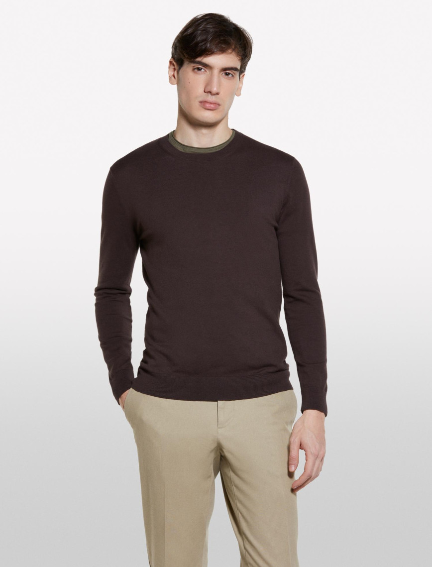 Erkek Koyu kahverengi Pamuk Karışımlı Normal Kesim Uzun Kollu Ribanalı Kazak Erkek Koyu kahverengi Pamuk Karışımlı Normal Kesim Uzun Kollu Ribanalı Kazak