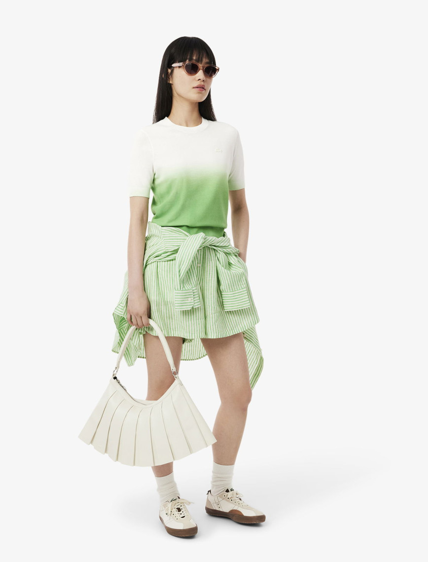 Lacoste Kadın Classic Fit Kısa Kollu Bisiklet Yaka Renk Bloklu Yeşil Triko Lacoste Kadın Classic Fit Kısa Kollu Bisiklet Yaka Renk Bloklu Yeşil Triko