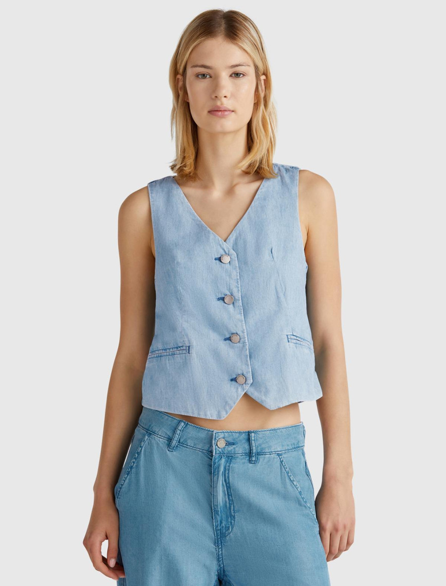 Kadın Açık Mavi %100 Koton Şamre Denim Yelek Kadın Açık Mavi %100 Koton Şamre Denim Yelek