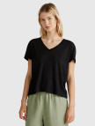 Kadın Siyah %100 Keten Düşük Omuzlu Relax Fit V Yaka T-Shirt