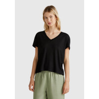 Kadın Siyah %100 Keten Düşük Omuzlu Relax Fit V Yaka T-Shirt