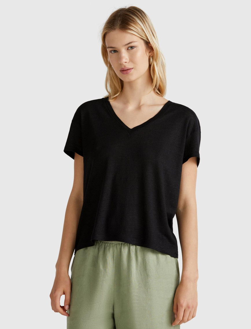 Kadın Siyah %100 Keten Düşük Omuzlu Relax Fit V Yaka T-Shirt