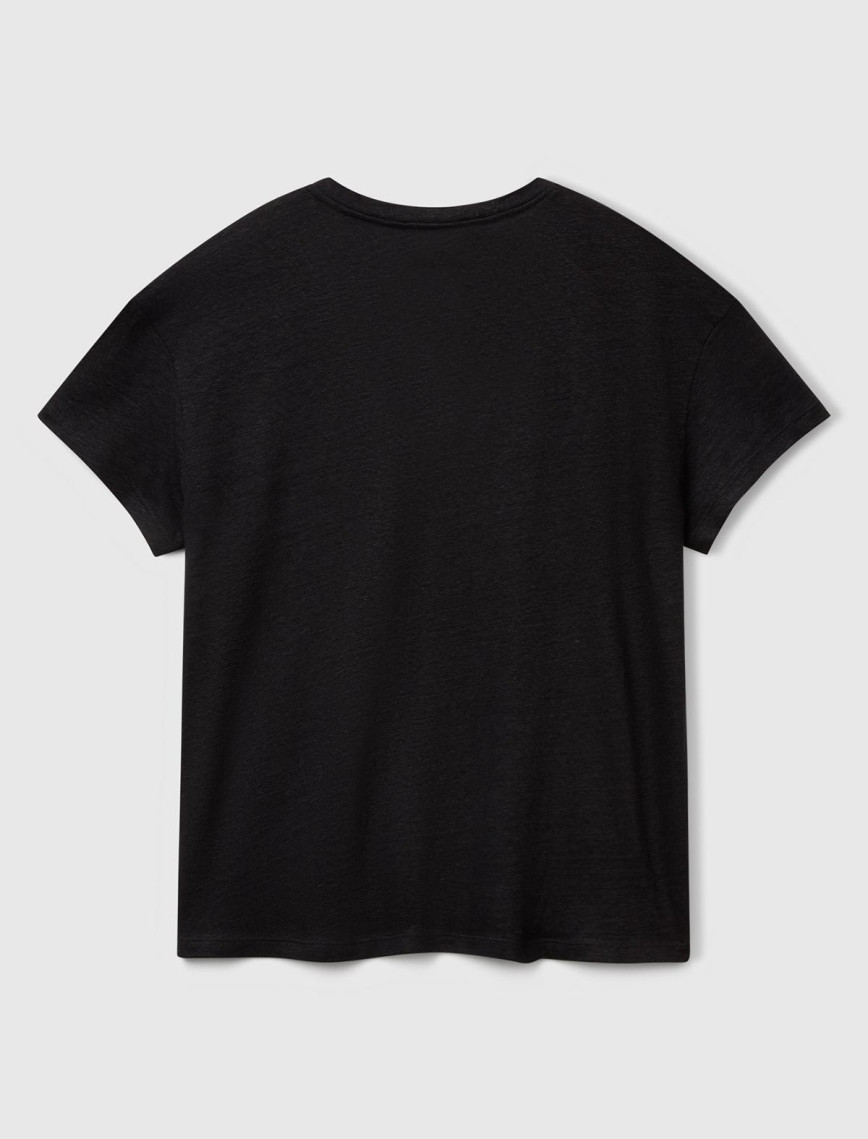 Kadın Siyah %100 Keten Düşük Omuzlu Relax Fit V Yaka T-Shirt