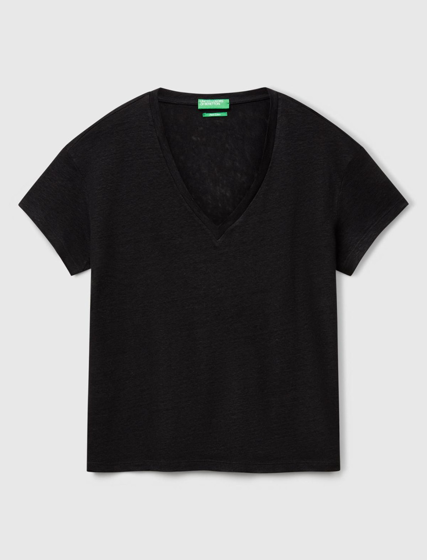 Kadın Siyah %100 Keten Düşük Omuzlu Relax Fit V Yaka T-Shirt