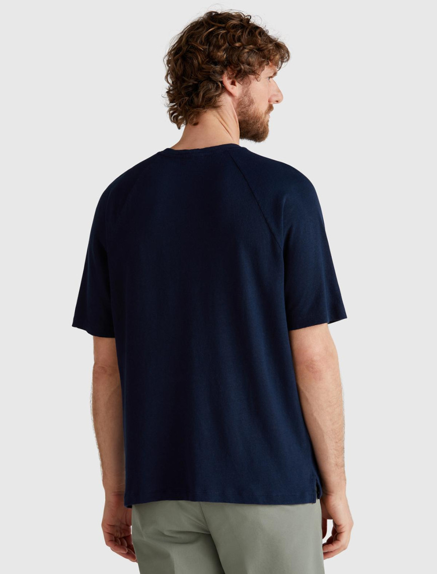 Erkek Lacivert Pamuk ve Keten Karışımlı Reglan Kol Relax Fit T-Shirt Erkek Lacivert Pamuk ve Keten Karışımlı Reglan Kol Relax Fit T-Shirt