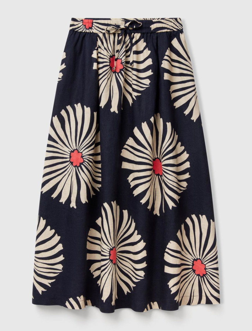 Kadın Lacivert %100 Keten Desenli Beli Lastikli Uzun Etek Kadın Lacivert %100 Keten Desenli Beli Lastikli Uzun Etek