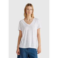 Kadın Beyaz %100 Keten Düşük Omuzlu Relax Fit V Yaka T-Shirt