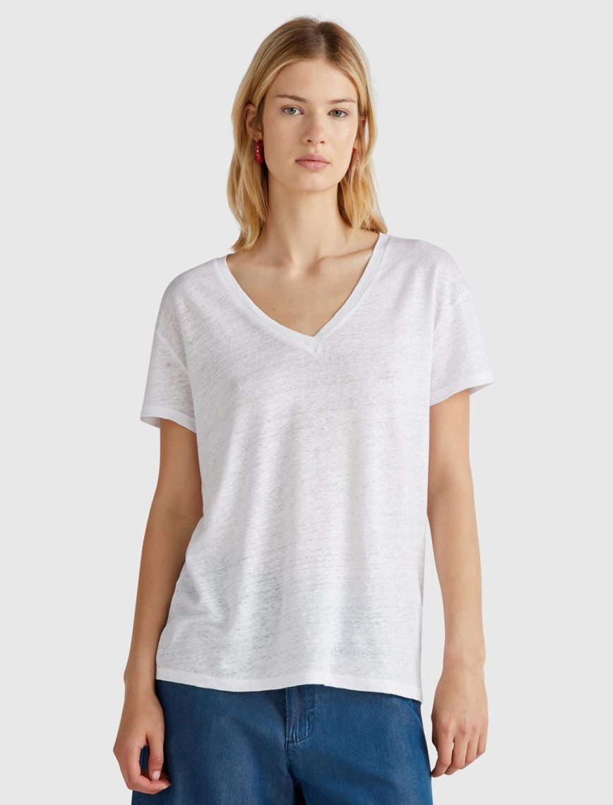 Kadın Taş Rengi %100 Keten Düşük Omuzlu Relax Fit V Yaka T-Shirt