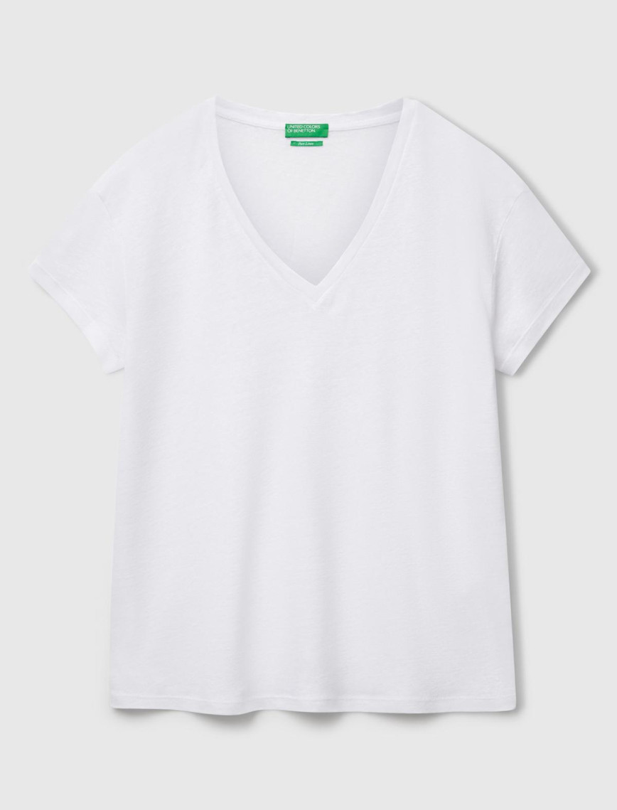 Kadın Beyaz %100 Keten Düşük Omuzlu Relax Fit V Yaka T-Shirt