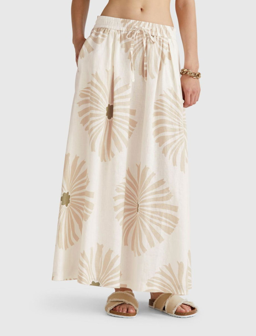 Kadın Krem %100 Keten Desenli Beli Lastikli Uzun Etek Kadın Krem %100 Keten Desenli Beli Lastikli Uzun Etek