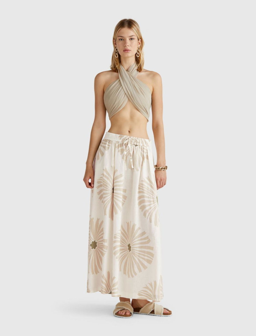 Kadın Krem %100 Keten Desenli Beli Lastikli Uzun Etek Kadın Krem %100 Keten Desenli Beli Lastikli Uzun Etek