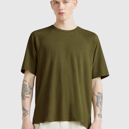 Erkek Haki Pamuk ve Keten Karışımlı Reglan Kol Relax Fit T-Shirt