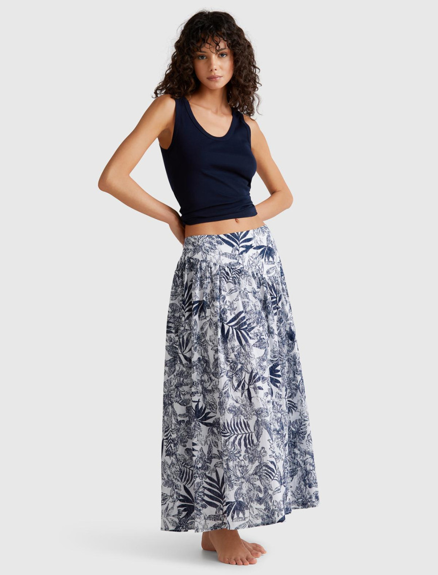 Kadın Mavi Mix %100 Koton Desenli Midi Boy Müslin Etek Kadın Mavi Mix %100 Koton Desenli Midi Boy Müslin Etek