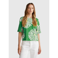 Kadın Yeşil Keten Karışımlı Boxy Fit Çiçek Desenli T-Shirt