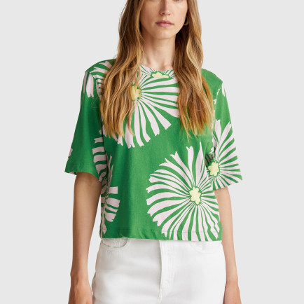 Kadın Yeşil Keten Karışımlı Boxy Fit Çiçek Desenli T-Shirt