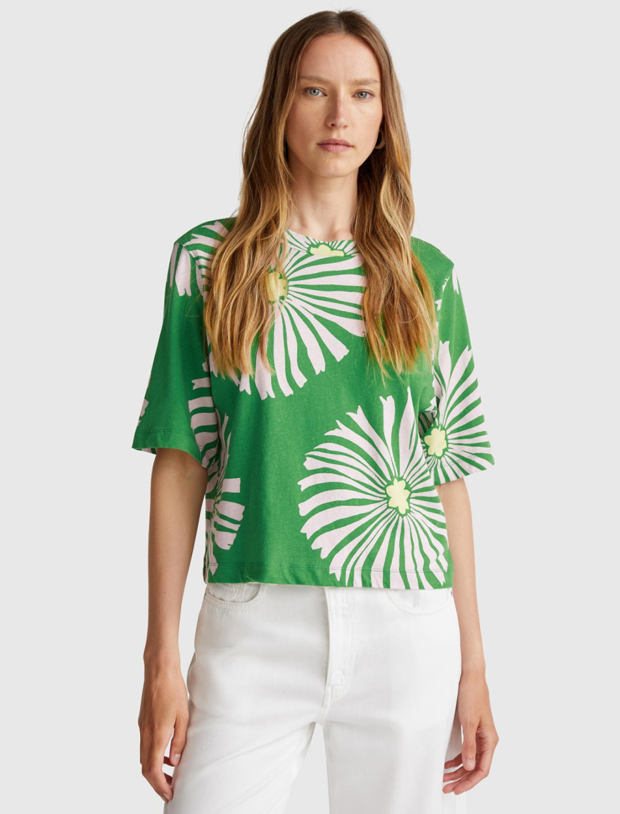 Kadın Krem Keten Karışımlı Boxy Fit Çiçek Desenli T-Shirt